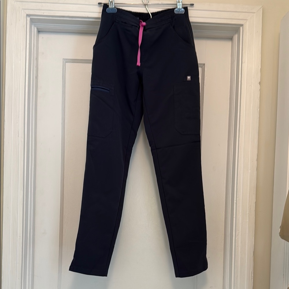 Figs Women's Straight Leg scrub pants - charcoal grey with Pink Drawstring